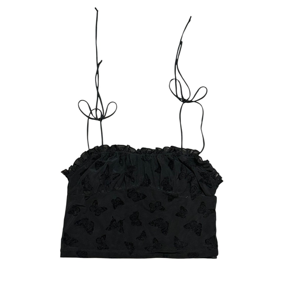 Motel Rocks Fairycore Black Butterfly Cami Crop Top Ruffle Tie Strap Women's M